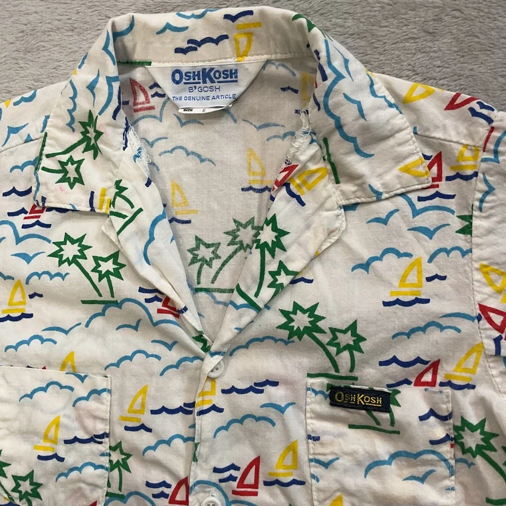 Vintage OshKosh Bgosh Kids Sailboat Palm Tree Button Up White Sz 6 USA 90s Kids